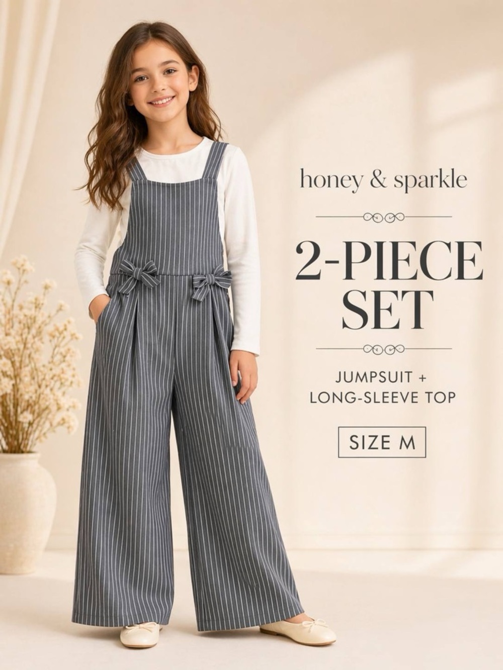 Honey & Sparkle Girls 2 Piece Set Ivory Top Striped Wide Leg Jumpsuit Size M